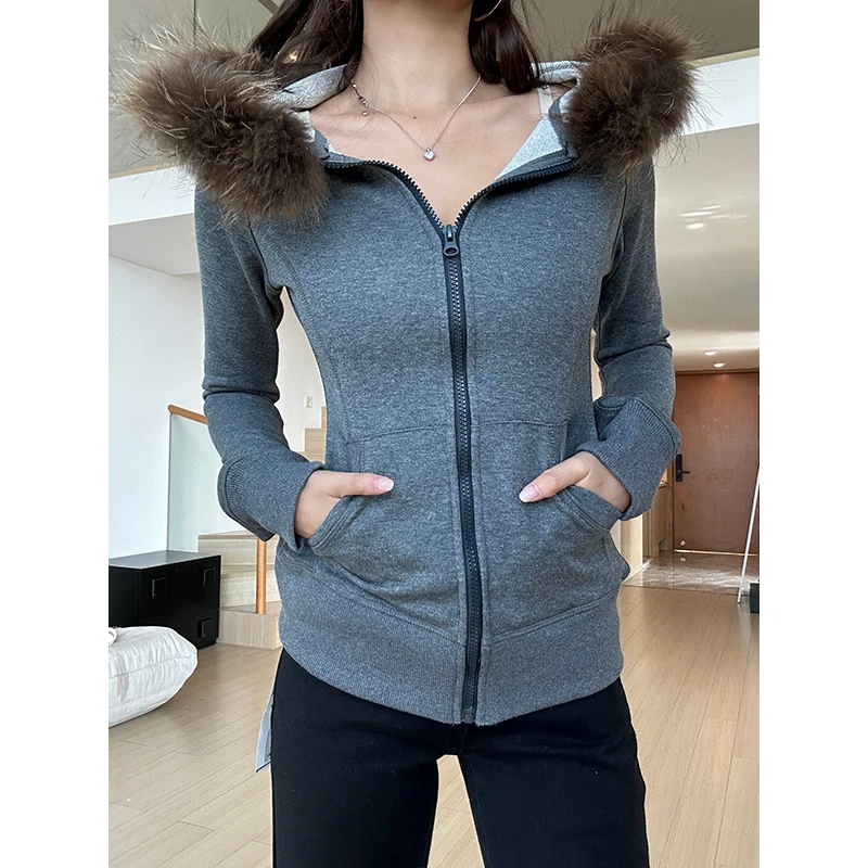 【部分现】2025秋冬新款灰色连帽修身卫衣时尚感毛领外套女Q252090