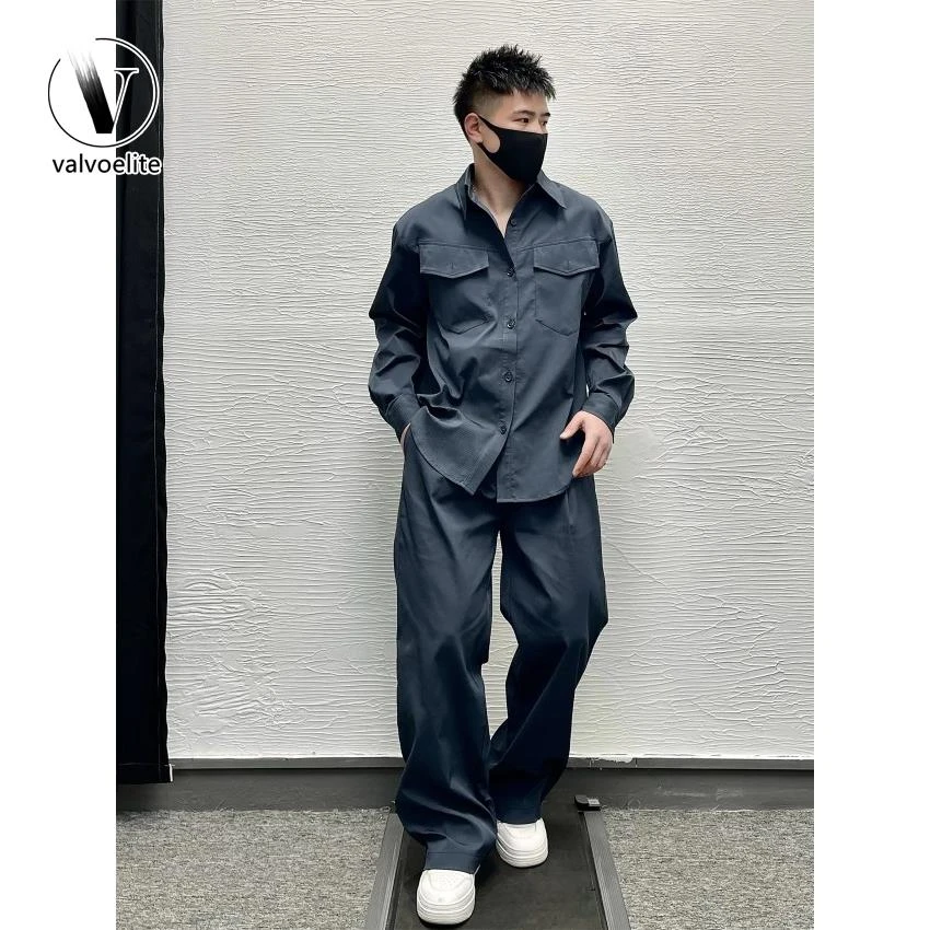 VALVOELITE男高级感衬衫套装春秋时尚帅气长袖上衣宽松长裤两件套