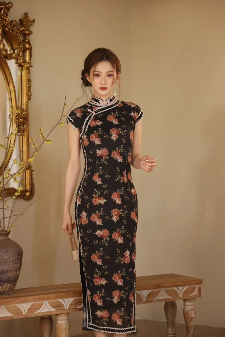 8140【玫瑰花园】130长款走秀日常时尚复古中国风旗袍优雅显瘦黑色
