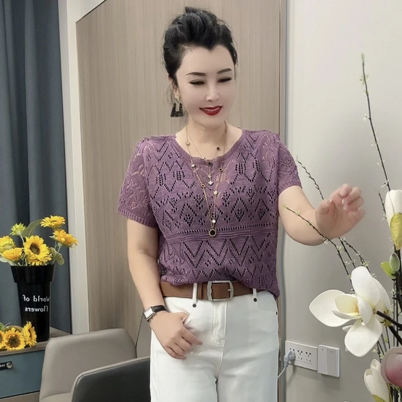 855镂空短袖针织中老年妈妈春夏款镂空薄款短袖针织衫时尚上衣