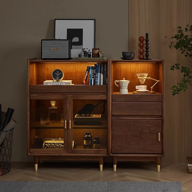 北美黑胡桃木实木酒柜现代简约客厅展示柜玻璃储物边柜收纳餐边柜