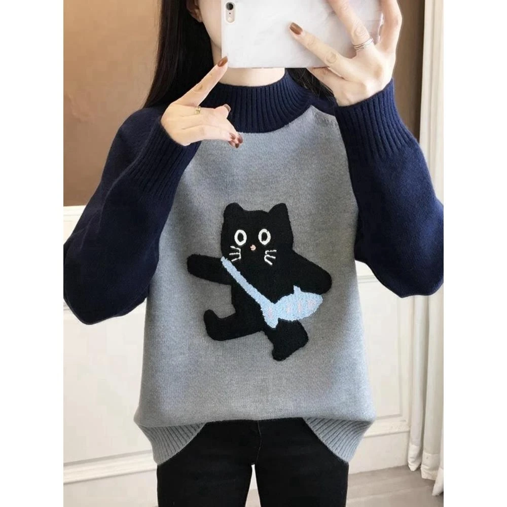 初中生半高领加厚毛衣少女秋冬内搭高中学生女大童加绒打底针织衫