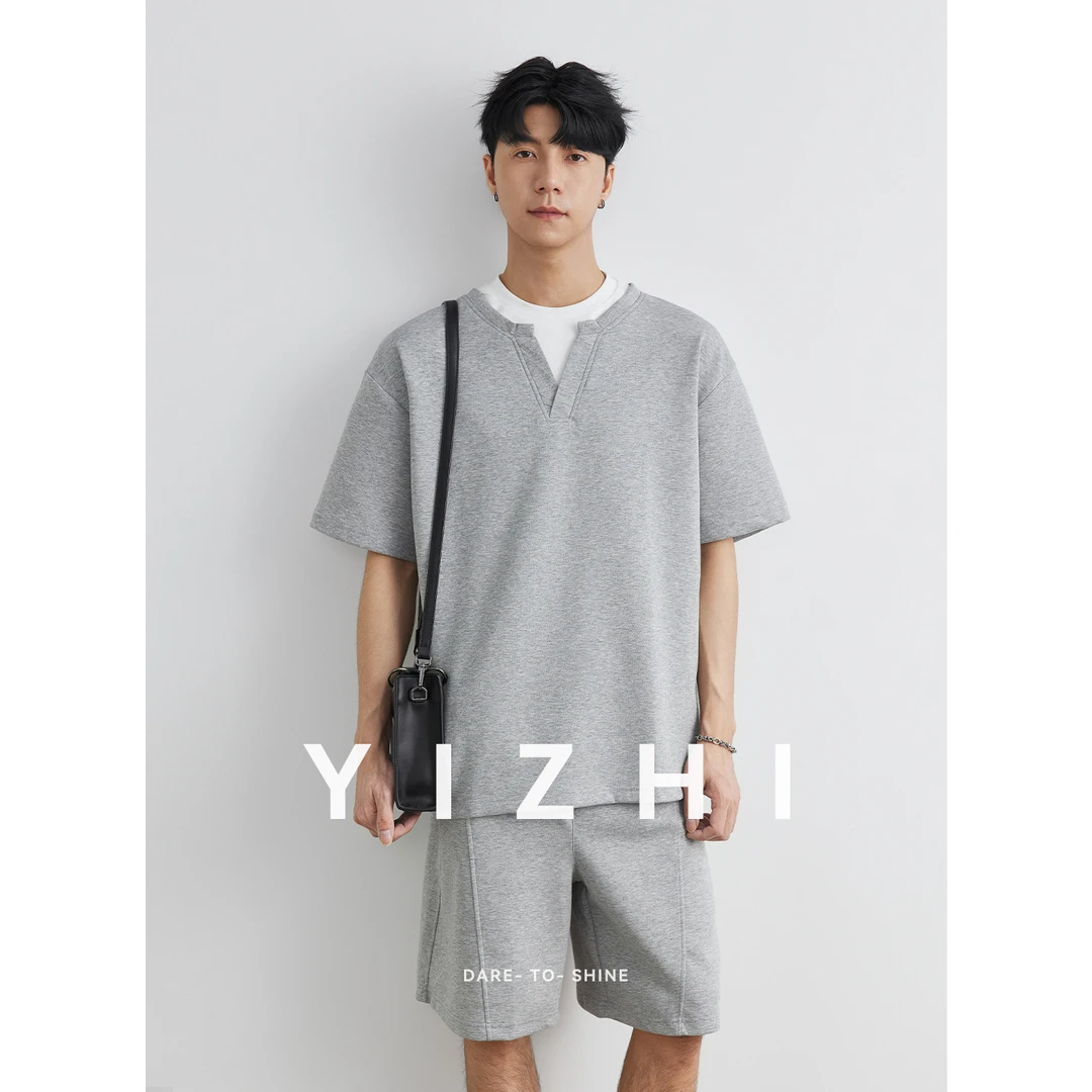 亦止男装韩系简约假两件套装男夏季新款一整套搭配短袖短裤两件套