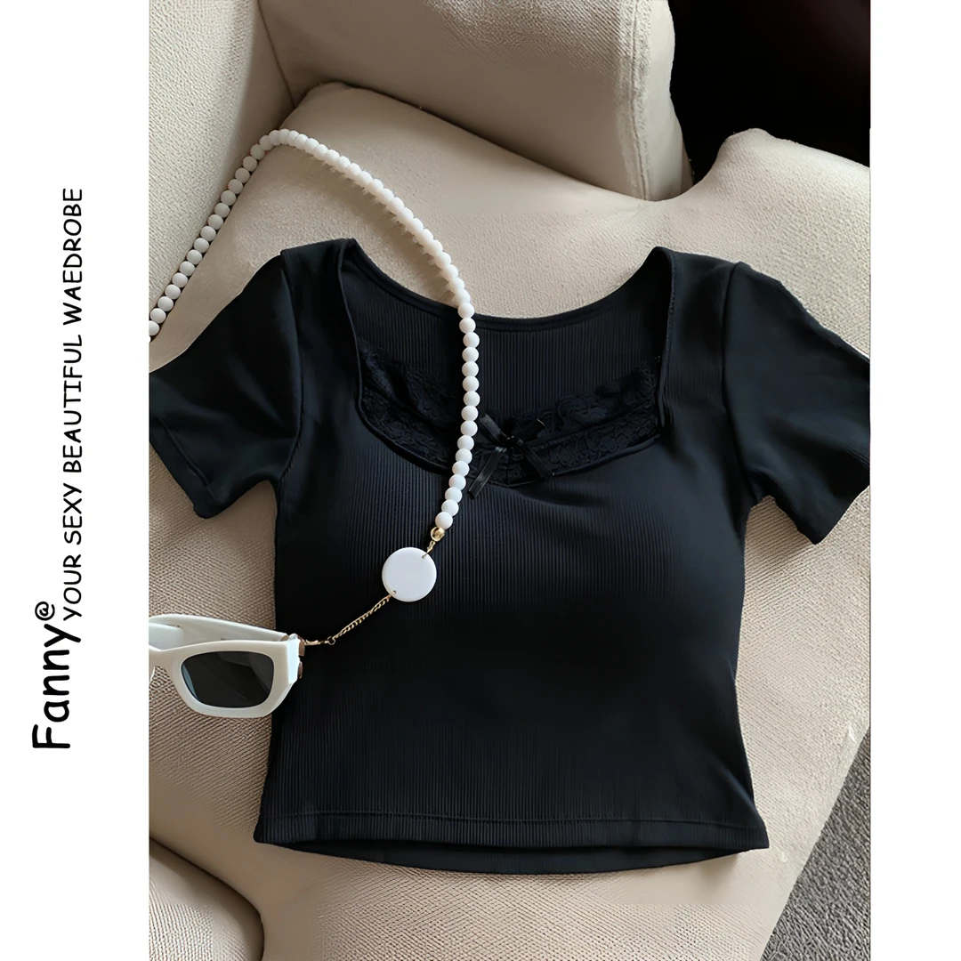 洋气蕾丝拼接短袖t恤女夏带胸垫设计感方领修身显瘦小众短款上衣