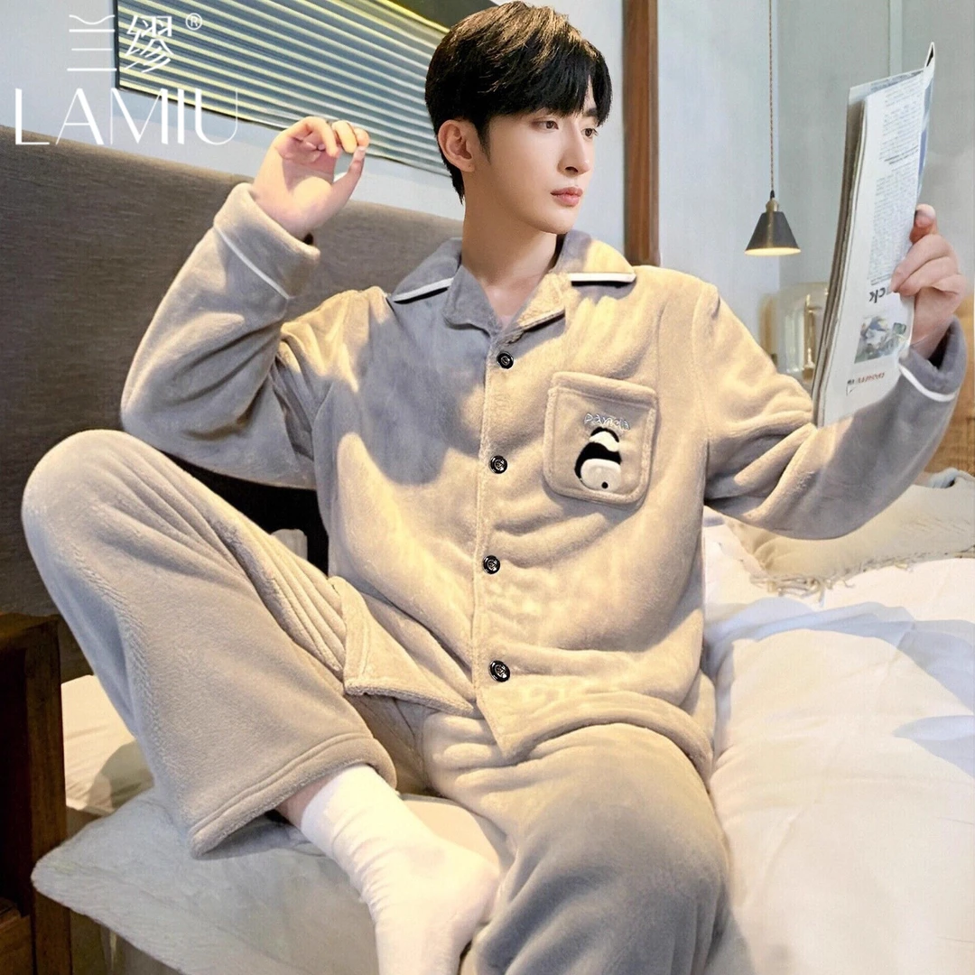 珊瑚绒睡衣男士春秋季加厚加绒冬天保暖卡通熊猫青少年家居服套装