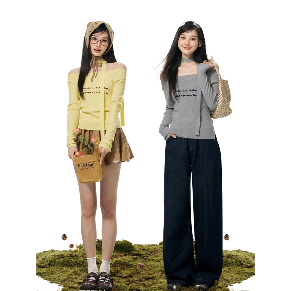 ELEVEN SLEEP一字肩毛针织衫秋季高级韩系长袖露肩修身显瘦上衣女