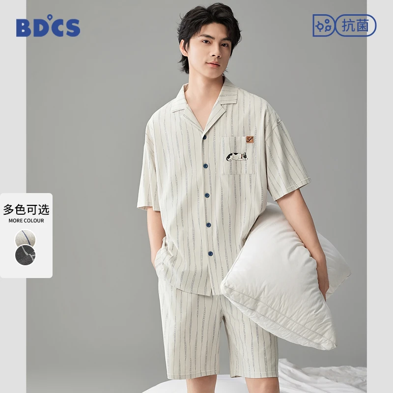 半岛城市夏季薄款凉感棉短袖卡通男士睡衣可外穿休闲家居服套装