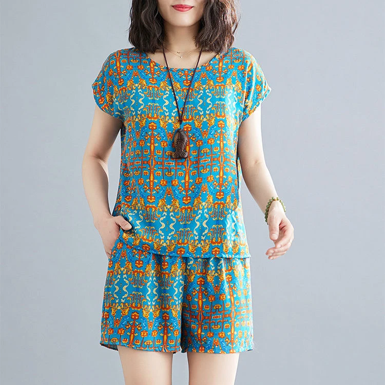 民族风棉绸套装女夏季新款时尚休闲宽松短袖短裤人造棉两件套薄款