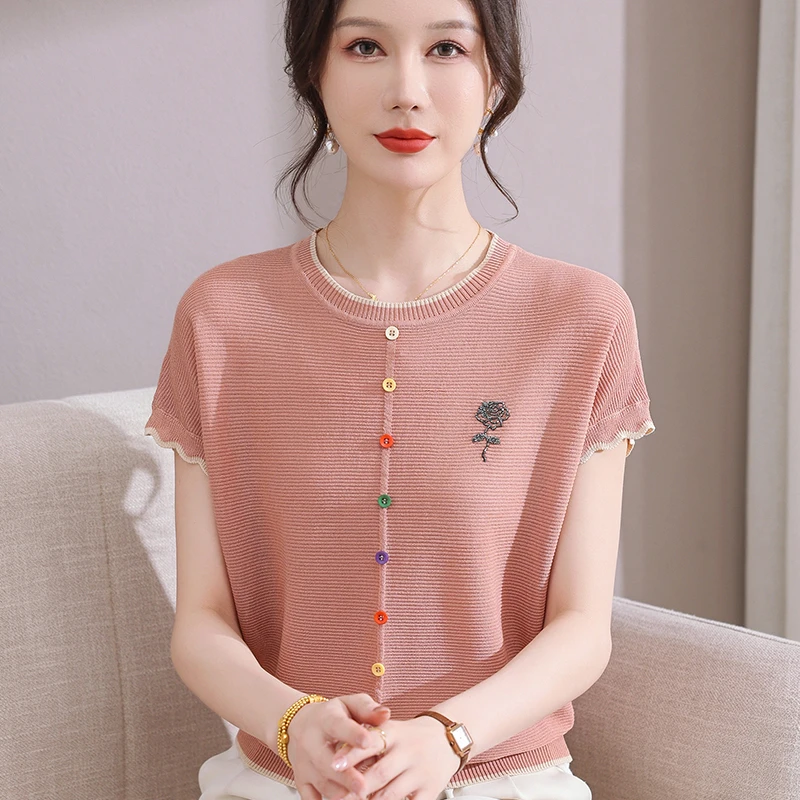 妈妈夏装冰丝洋气针织打底小衫中老年人女夏季时尚薄款短袖T恤衫