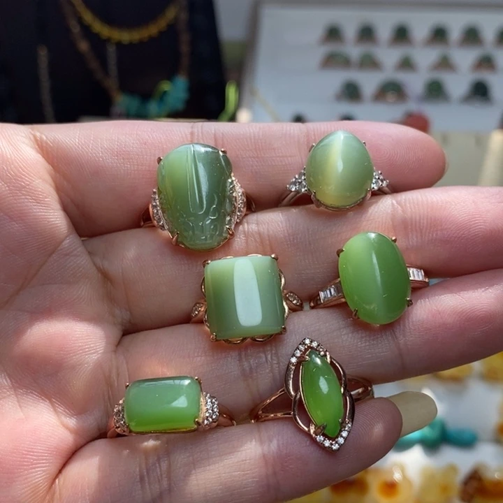 银S925镶嵌戒指和田玉（碧玉）俄罗斯碧玉戒指