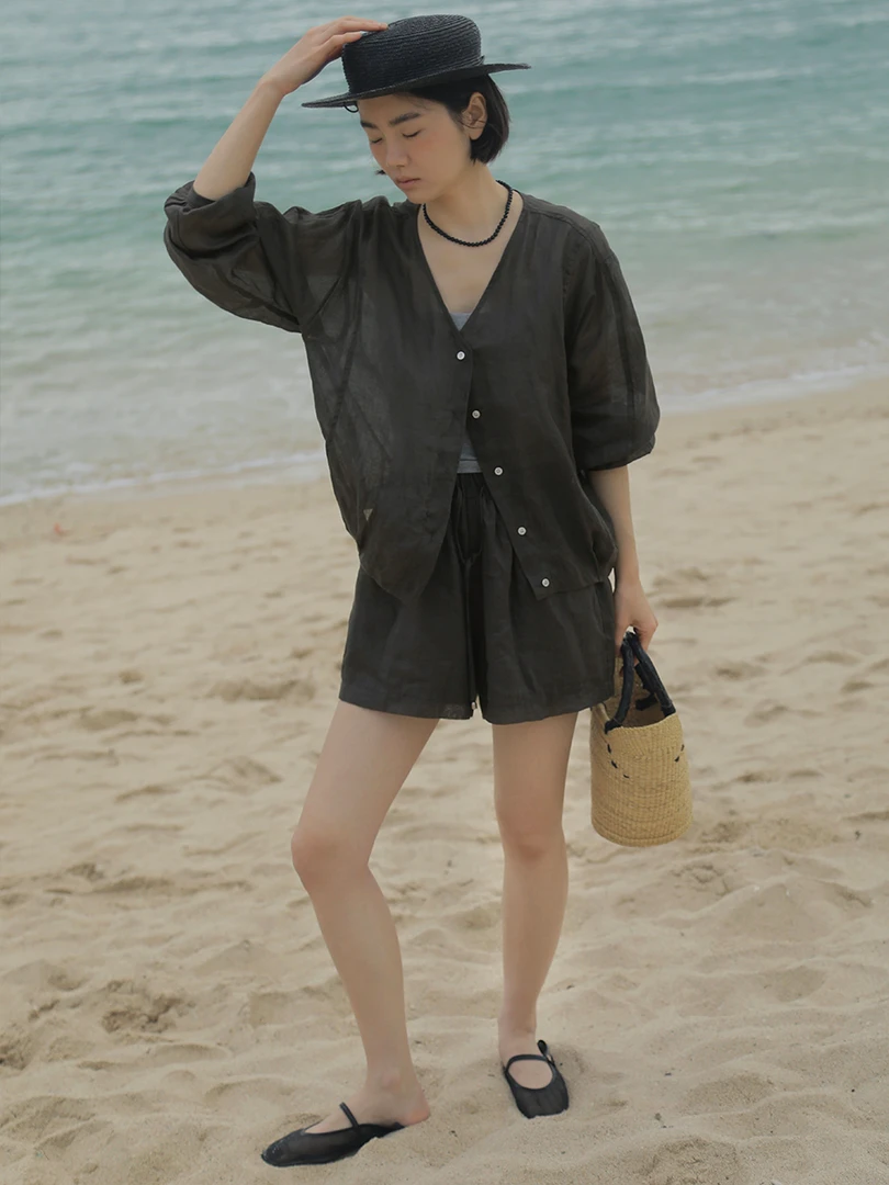 【素简】夏季慵懒舒适苎麻日常休闲裤轻薄干爽质感口袋短裤女00852