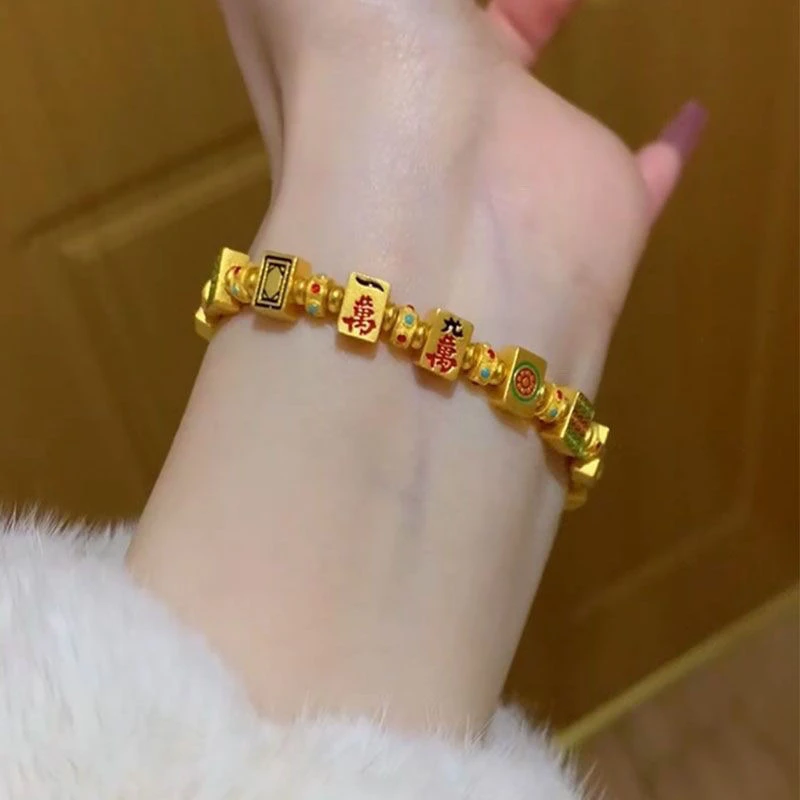 铜合金手链 古法红中发财十三幺珐琅彩麻将手链女款