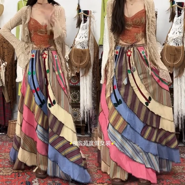 尼泊尔精灵风拼接撞色补丁松紧腰不规则大裙摆手工长款半身裙