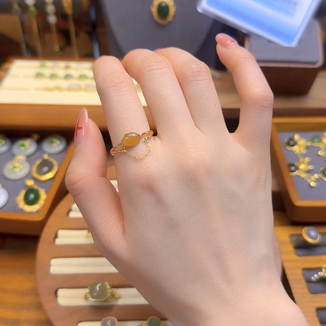 和田玉戒指银S925镀金镶嵌