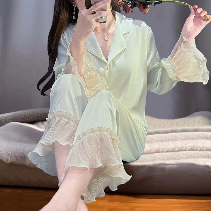 冰丝睡衣女春秋水光绸法式甜美长袖木耳边薄款套装新款夏季家居服