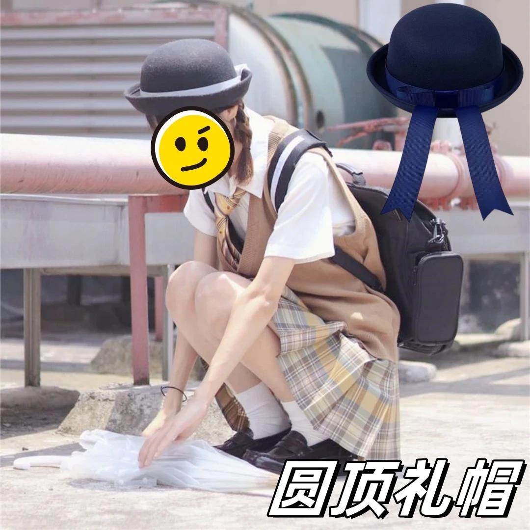 jk制服帽百搭网红拍形象照圆顶礼帽毛呢白色蝴蝶结飘带猫耳朵帽子