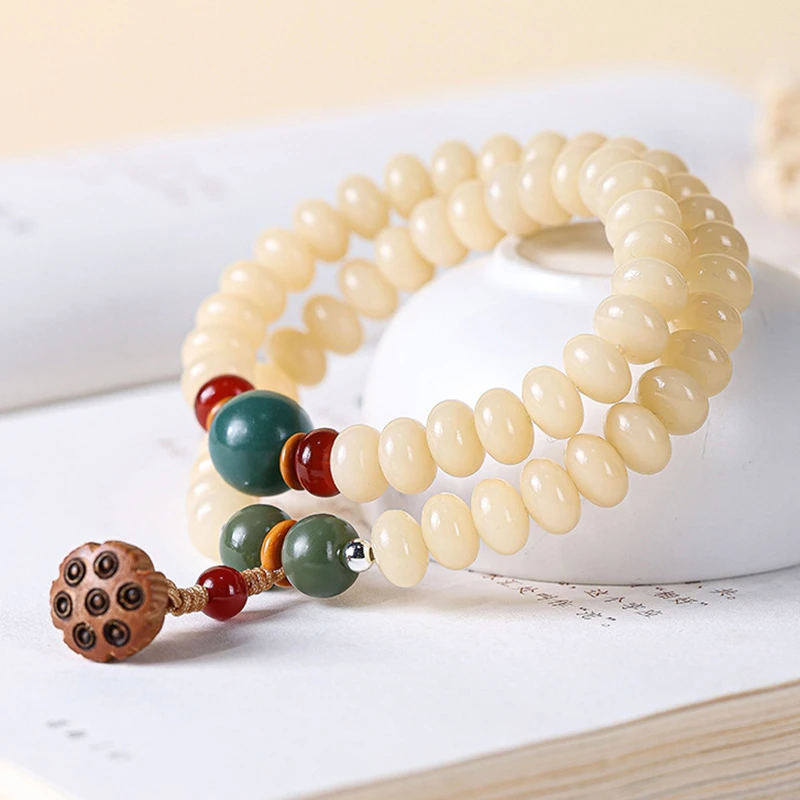 双圈菩提子手串奶油玉化正品盘玩白玉菩提根念佛珠文玩莲花手链女