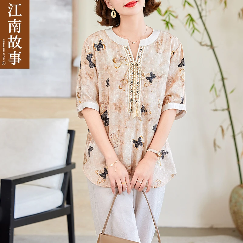妈妈装休闲风V领中老年女装复古大码中式中国风小衫