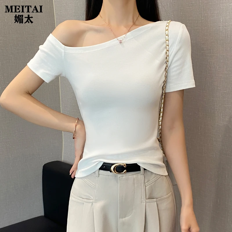 MEITAI媚太一字斜领白色短袖t恤女春夏修身打底衫内搭显瘦上衣潮