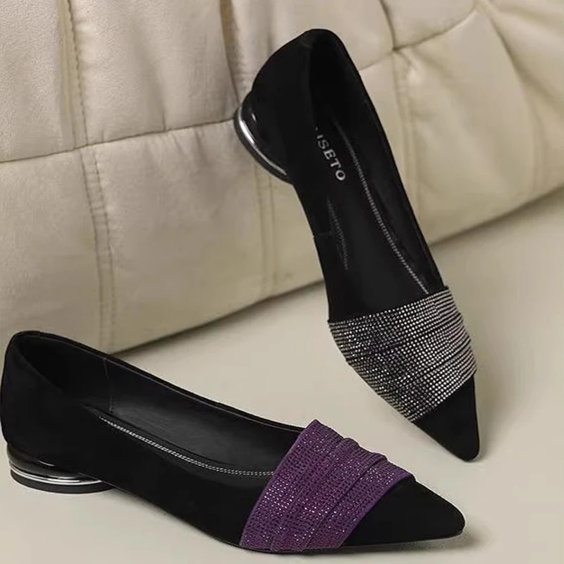 羊皮法式水钻气质尖头低跟单鞋女2025新款春秋百搭时尚舒适软底鞋