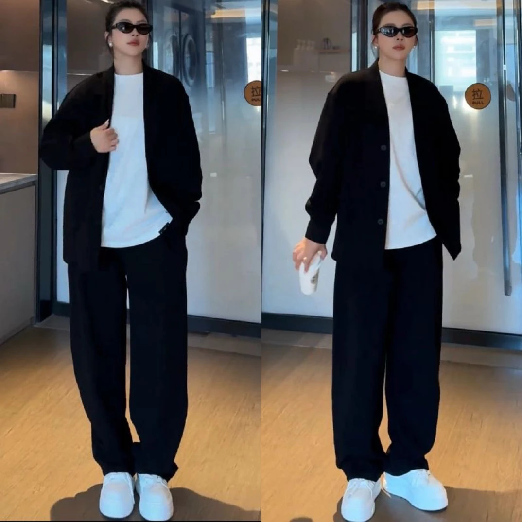 春秋新款慵懒风简约潮流运动套装男时尚百搭开衫外套阔腿裤两件套