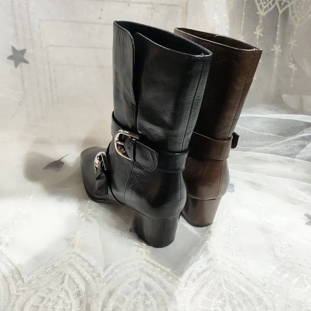 时装靴黑色中筒靴百搭女靴方头时尚高跟切尔西靴