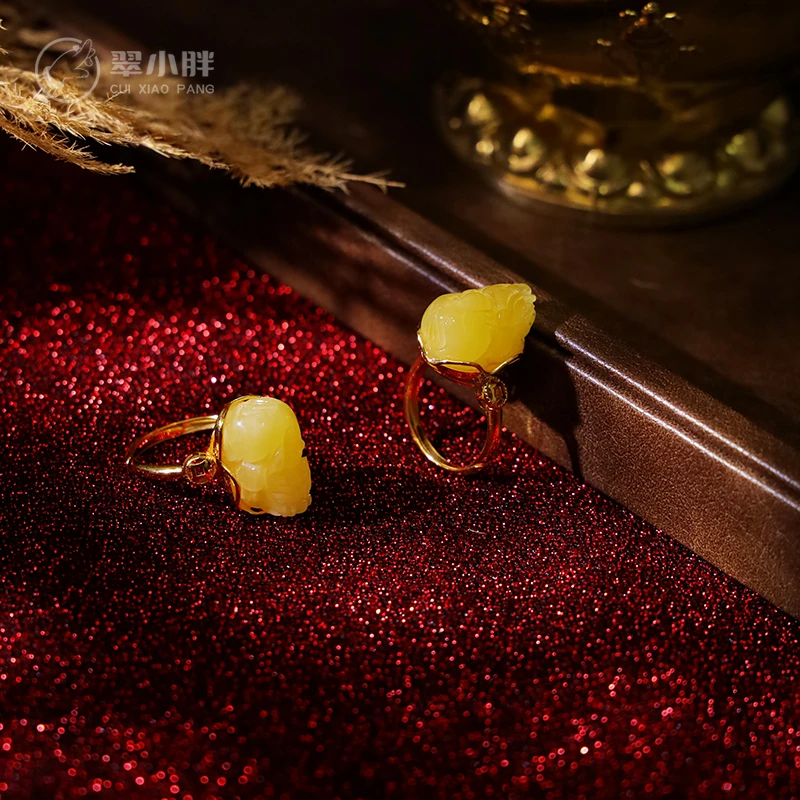 翠小胖珠宝 蜜蜡貔貅戒指S925银镶戒托CMLB1 多样性发1