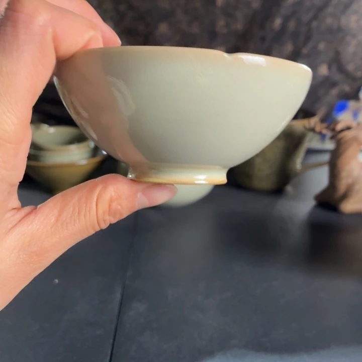 茶盏耀州窑手工月白釉葵口杯