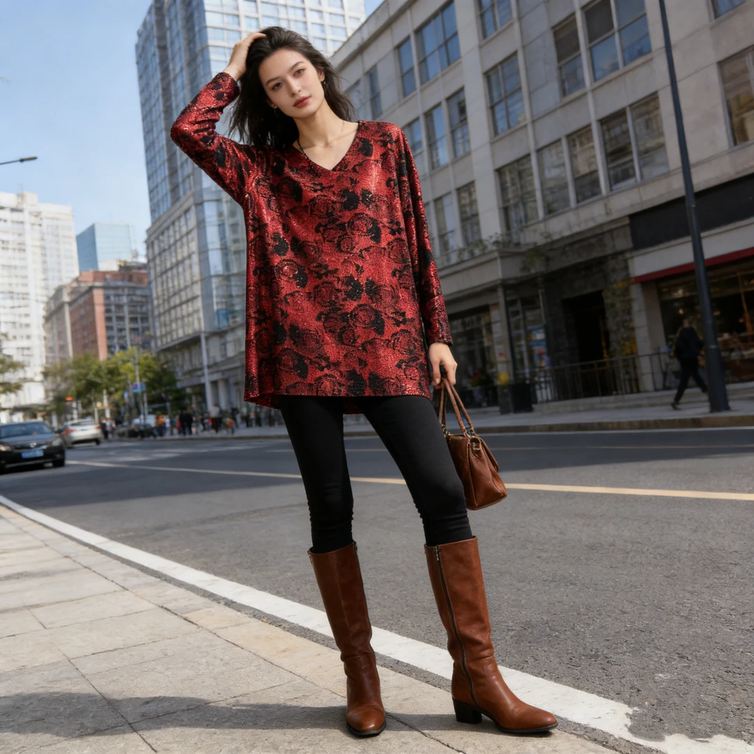 玫瑰亮片正品原版绒面保暖打底衫2025秋冬印花长袖T恤女上衣小衫