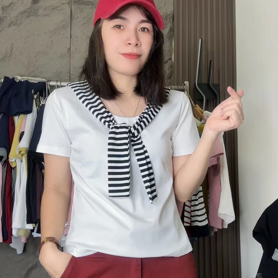 简约时尚刺绣洋气短袖T恤条纹女款夏季圆领显瘦休闲百搭上衣878