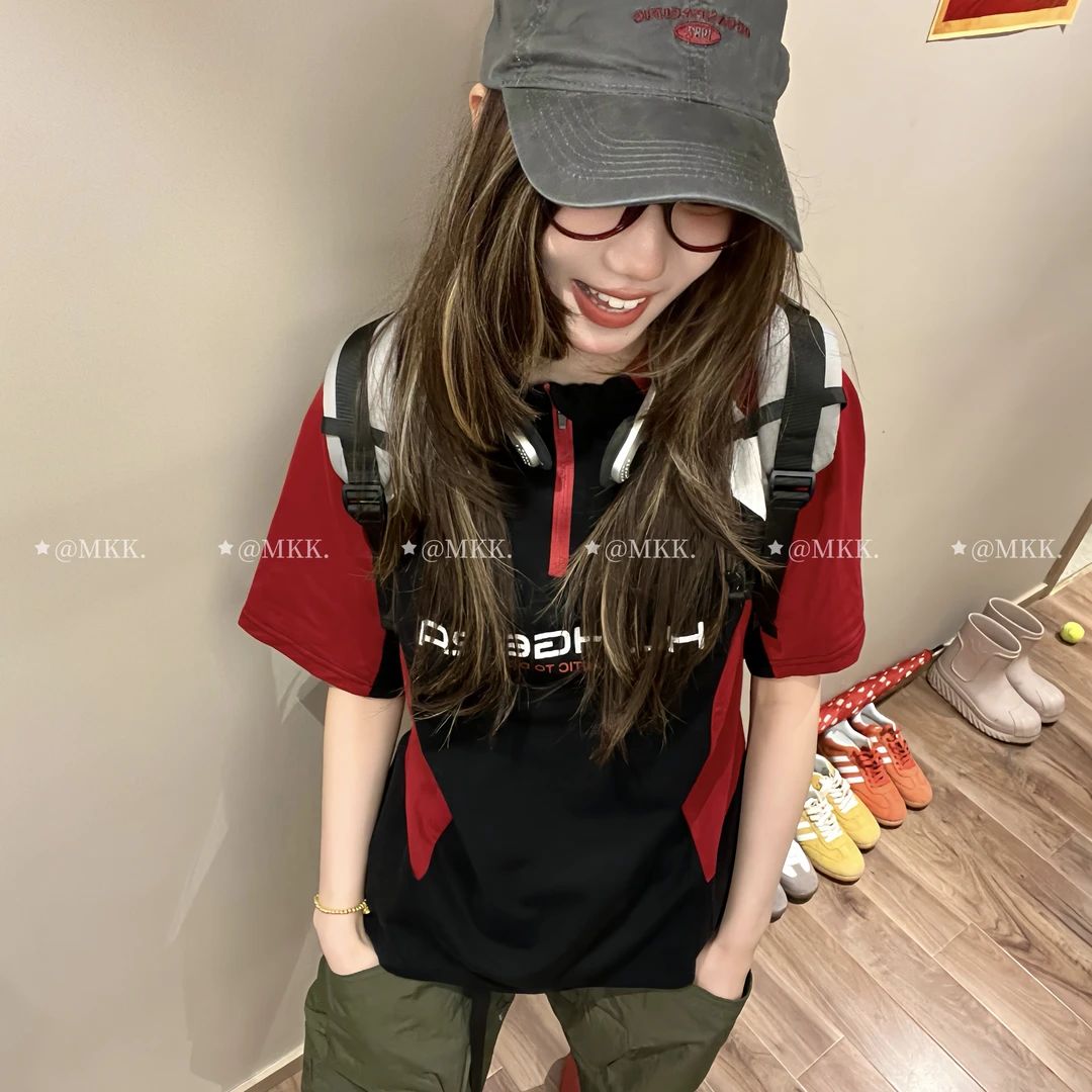 【色彩像素交易】美高复古街头男女拼接半拉链圆领棒球短袖C1641