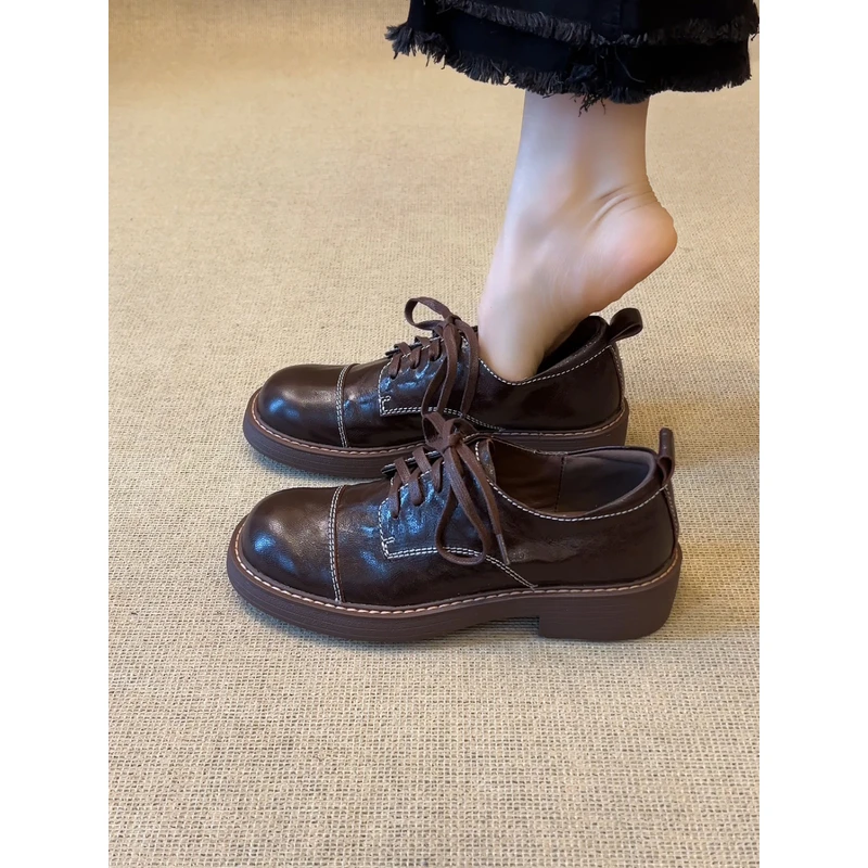 nnmiss·34-39/4cm高颜值圆头系带小皮鞋百搭复古静音底粗跟单鞋