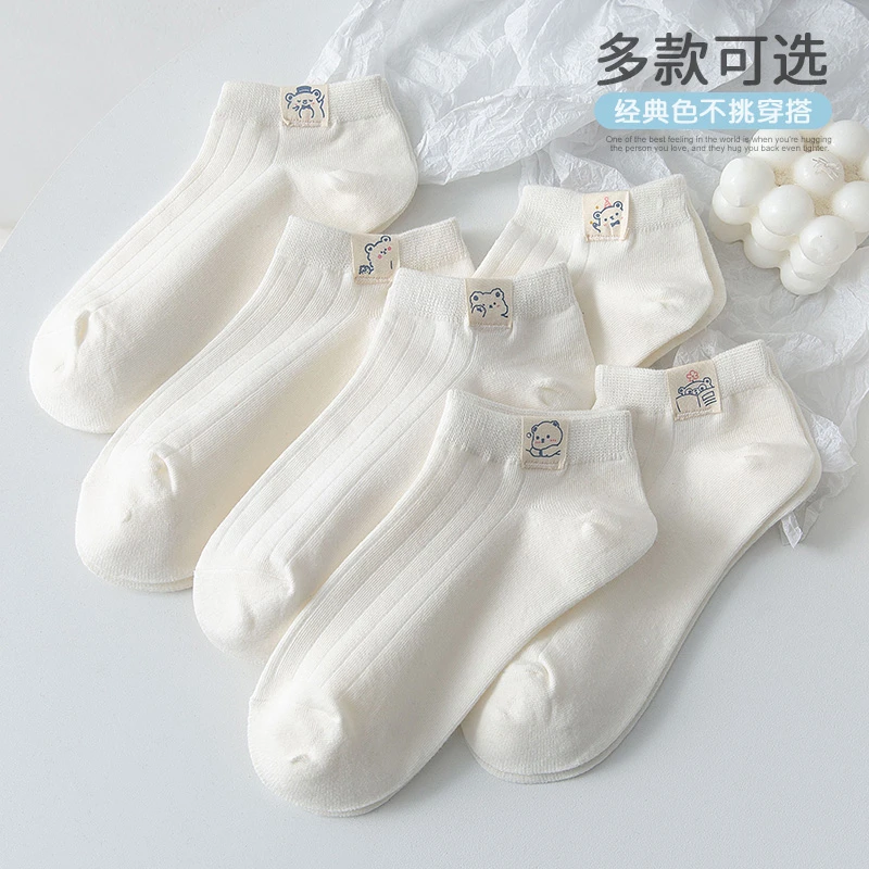 学院风纯棉女袜子100%全棉防臭日系小熊布标夏季薄款白色浅口船袜