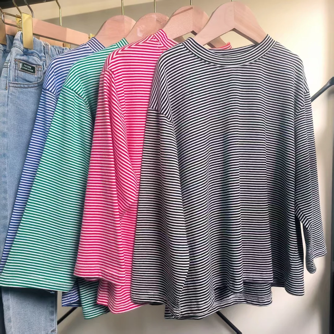 女童美式细条纹小领口长袖t恤春季日系潮牌圆领高级感内搭打底衫