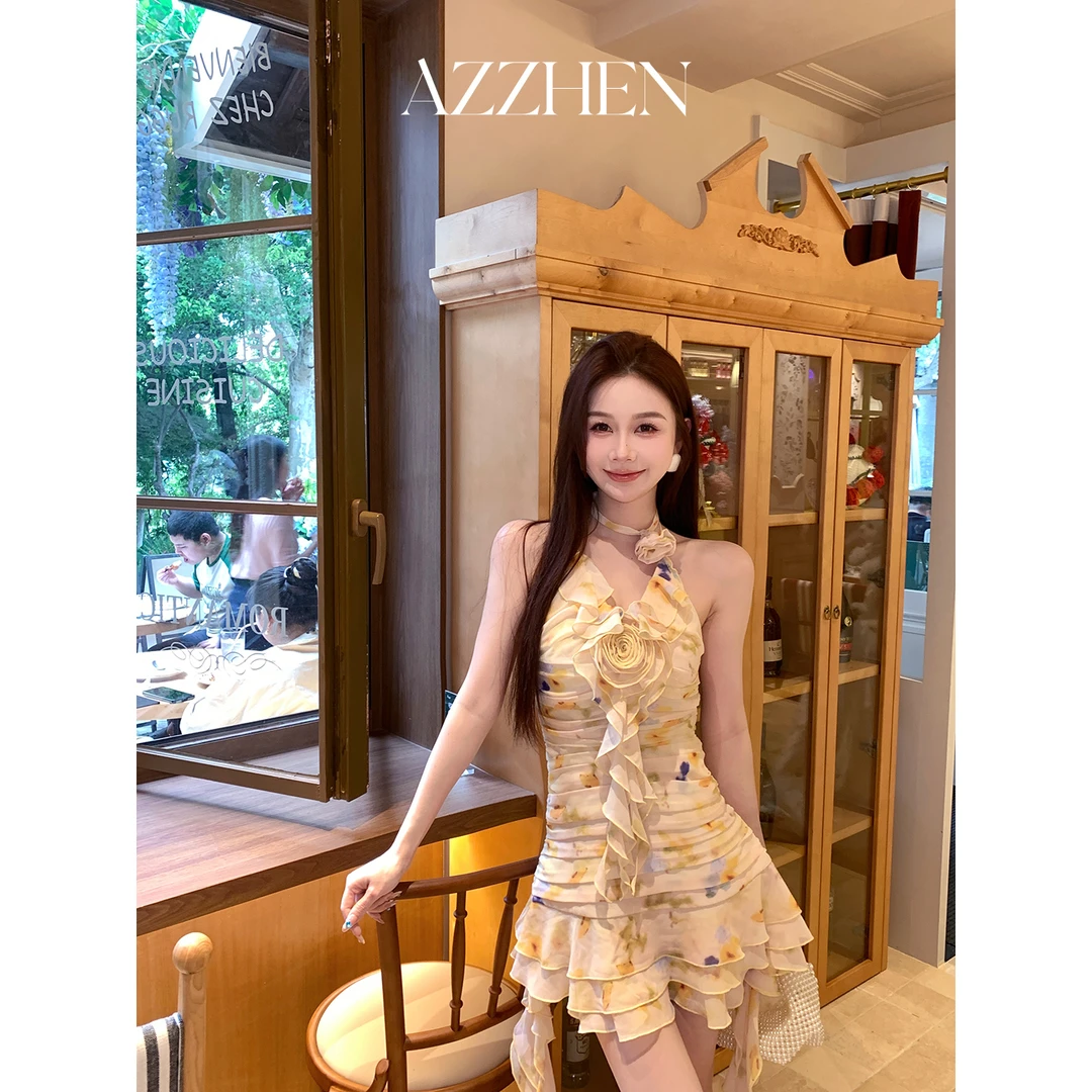 AZZHEN【山野逸梦】雪纺吊带印花气质碎花挂脖连衣裙AZ4KSL24-00