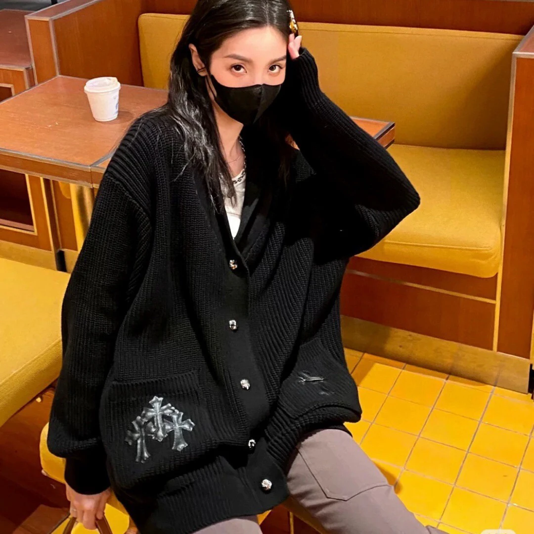 【MDX】秋冬新款贴皮全黑十字架休闲针织衫开衫外套男女同款