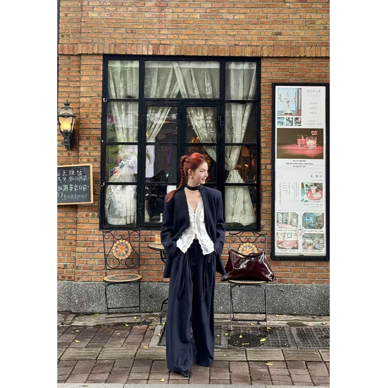 韩系高级感内搭蕾丝背心上衣宽松长袖西装外套高腰直筒休闲阔腿裤