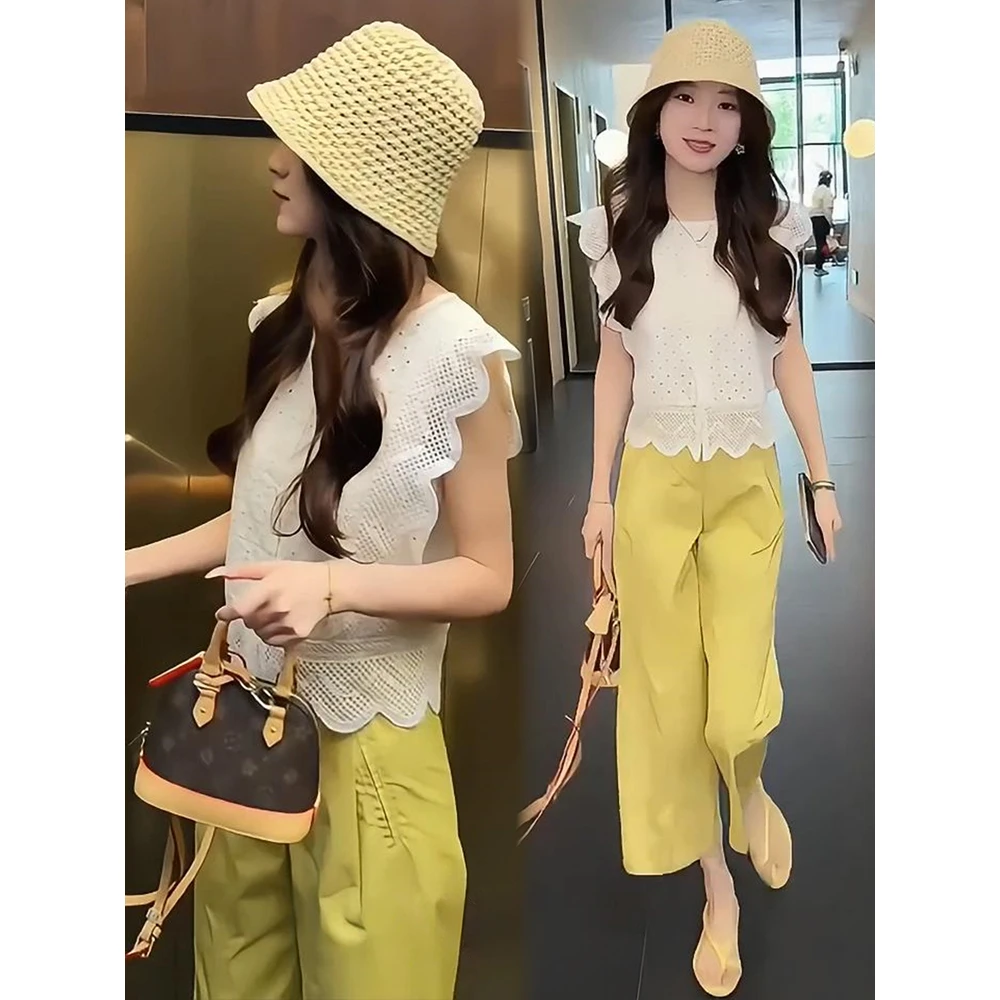 时尚套装女2025夏新款洋气荷叶边无袖蕾丝上衣九分阔腿裤两件套潮