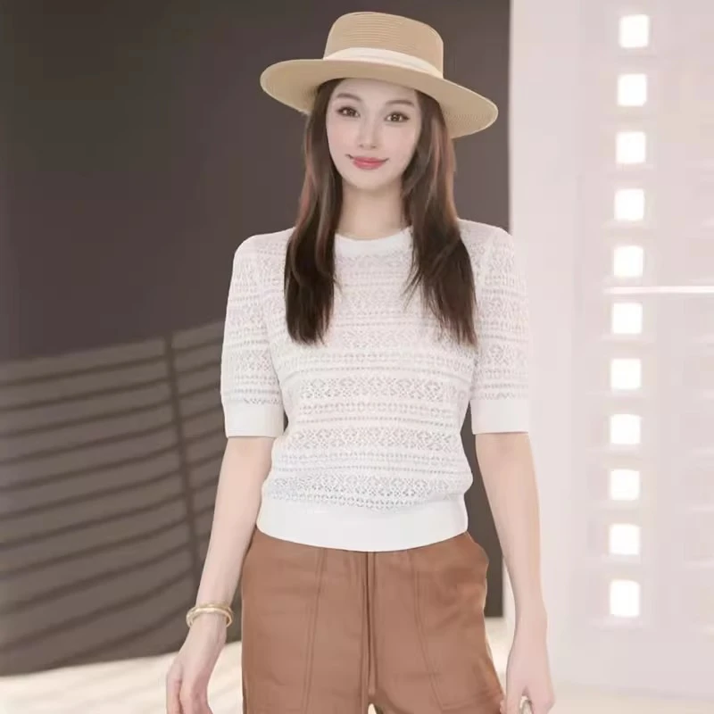 【商场同款】春夏百搭休闲圆领镂空钩花针织短袖T恤袁衣都舍138020