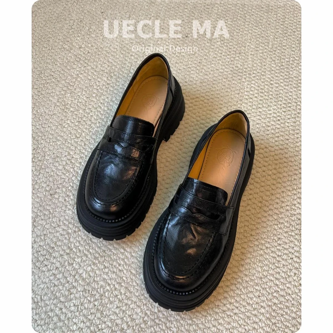 牛皮~真皮鞋子~厚底乐福鞋女春秋新款复古单鞋一蹬英伦风小皮鞋