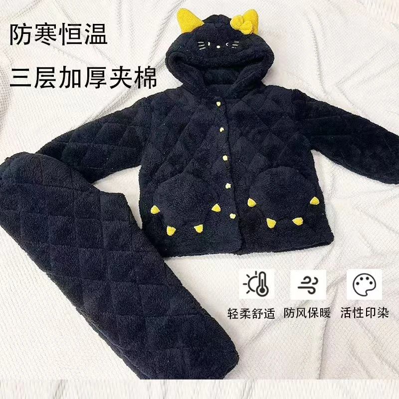 冬季三层夹棉睡衣女2024加绒加厚省服可爱家居服可外穿两件套睡袍