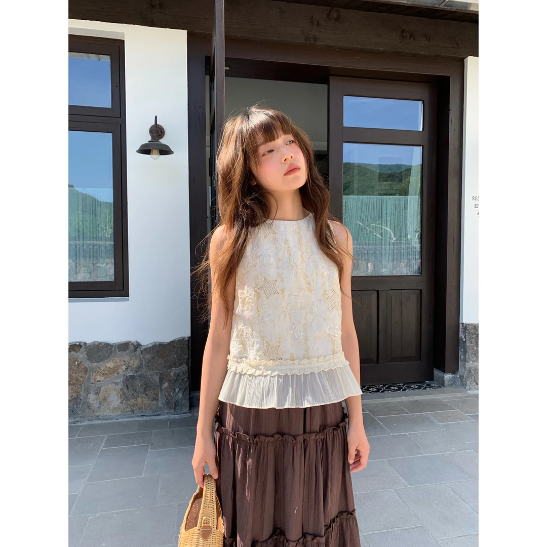 NEWOPEN法式蕾丝透气小衫甜美小个子百搭重工拼接无袖上衣女S5623