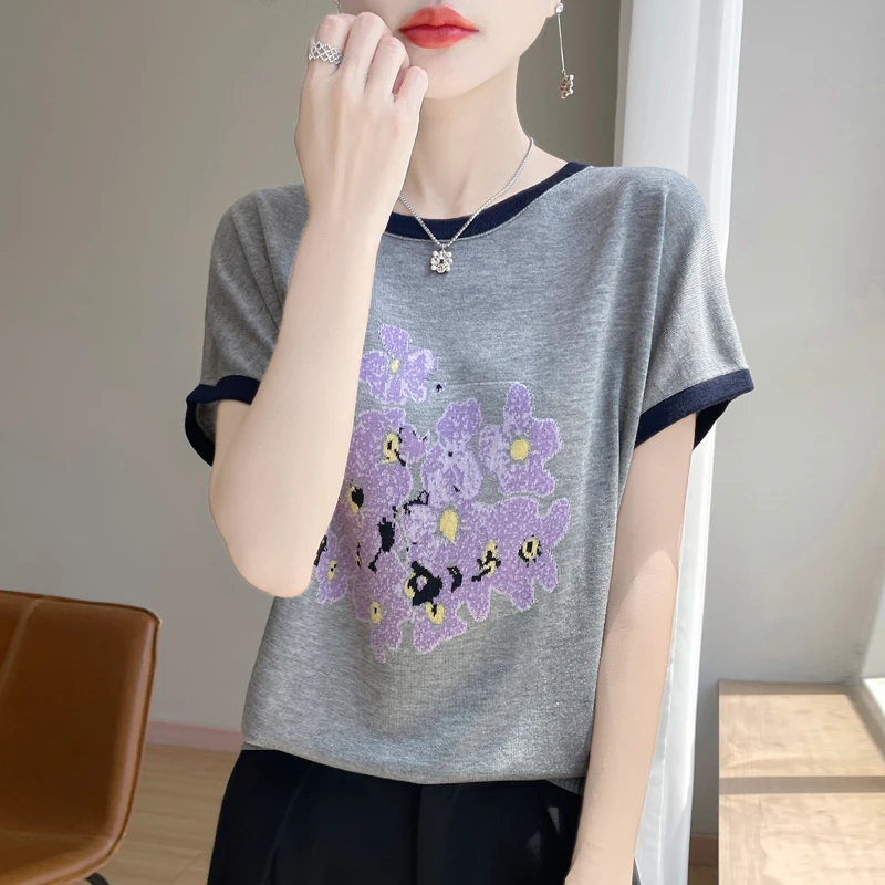 2025新款打底衫时尚印花短袖T桖女夏季莱赛尔针织上衣557