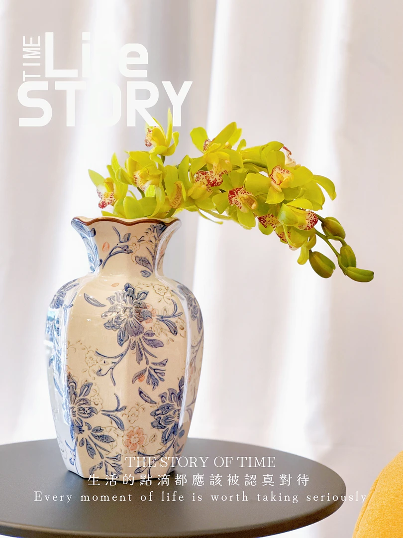 青墨八角花瓶24高-青花瓷牡丹芍药可水养插花陶瓷花瓶