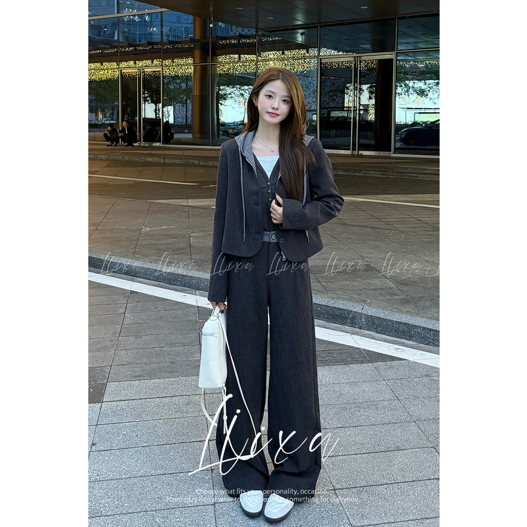 【雨薇】秋季新款拼接色连帽拉链长袖西装直筒裤套装Y53TZG1119