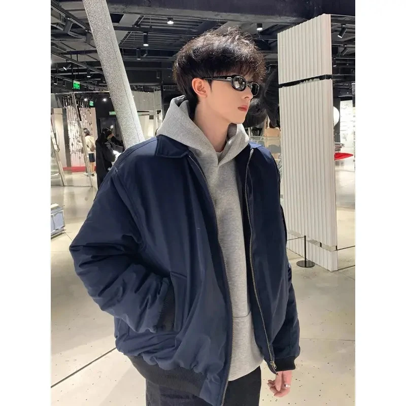 藏青色飞行夹克棉服男款秋冬美式翻领棒球服cleanfit穿搭棉衣外套