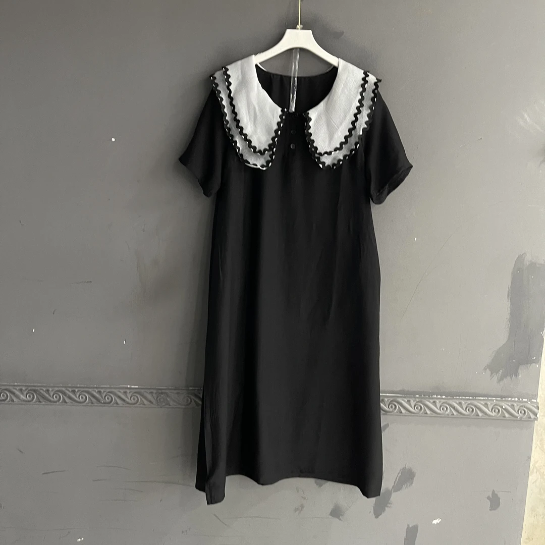 夏季新款宽松休闲时尚拼色娃娃领气质连衣裙显瘦黑色裙子