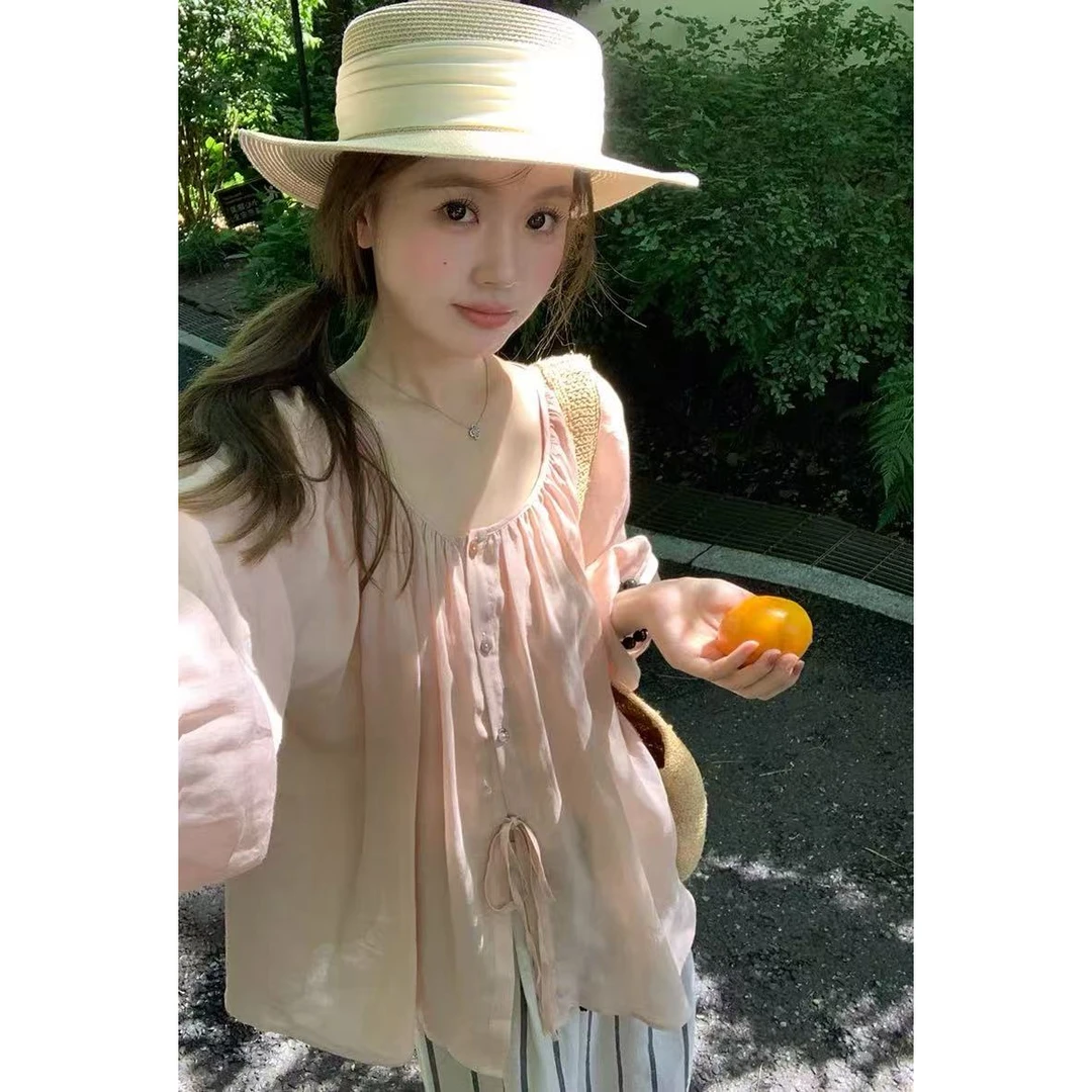 运补5-8韩版苎麻轻盈感两面穿新款设计感系带慵懒风宽松衬衫077