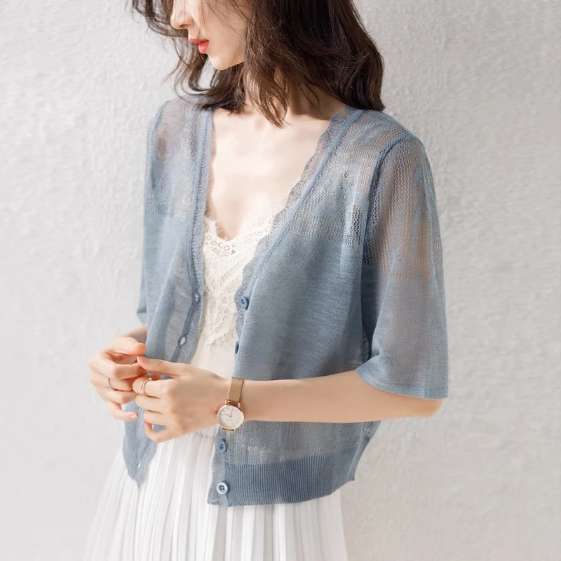 冰丝针织开衫夏季吊带裙短款披肩外套镂空薄款中袖小款防晒空调衫