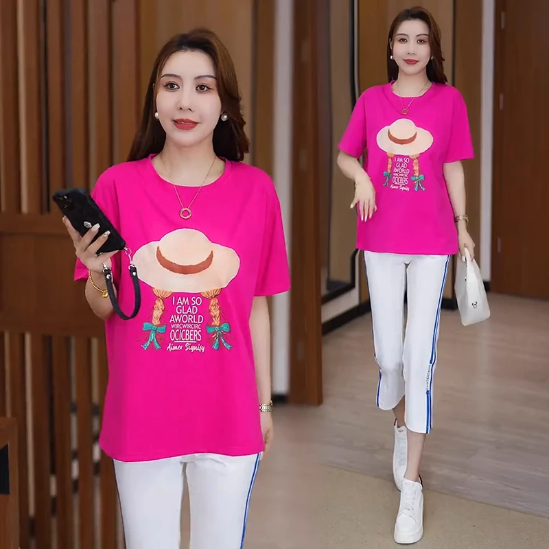 运动套装女2025夏新款宽松显瘦印花短袖T恤高腰八分微喇裤两件套